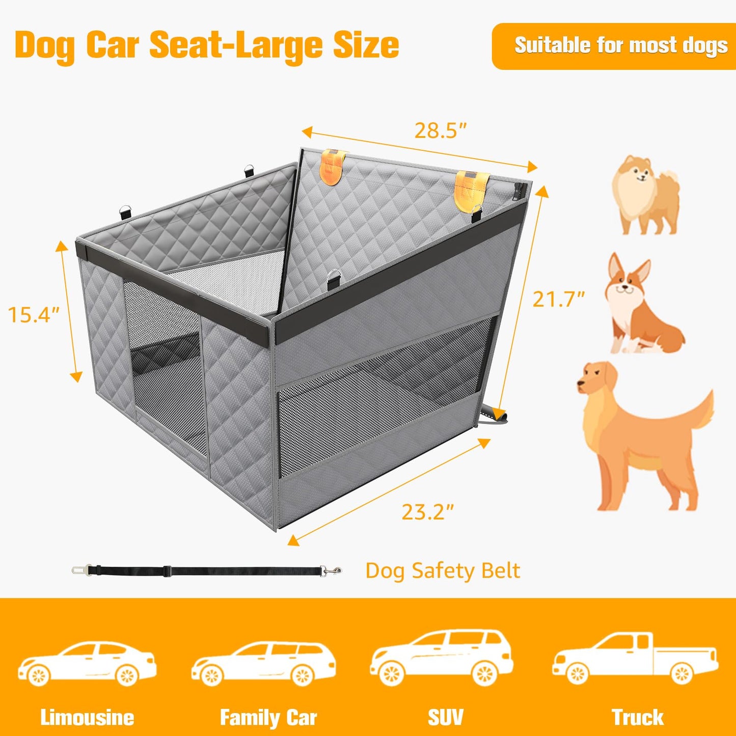 The VistaBed™ - Dog Car Seat with 3 Mesh Windows & Hard Bottom