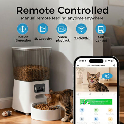 PETICON Automatic Cat Feeder with Wide-Angle Camera, 5L Smart Dog Food Dispenser, App Control